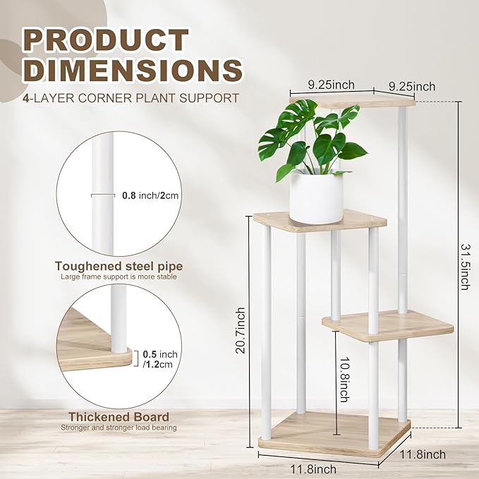 4 Tier Plant Stand Indoor, Thickened Metal Wood Corner Plant Shelf Stands for Multiple Plants, Indoor Tall Plants Stand Tiered Flower Holder for Living Room Patio Garden Balcony(White+Oak)
