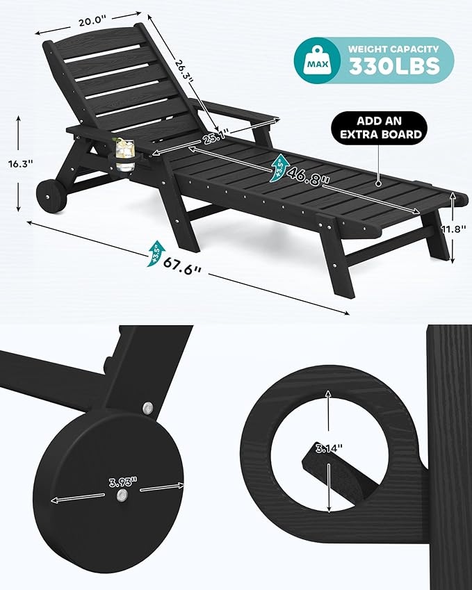 SERWALL Patio Chaise Lounge Chair Set of 6, 5 Positions Adjustable Poly Outdoor Lounger for Pool, HDPE Lounge Chair with Rolling Wheels & Cup Holder for Poolside, Deck, Obsidian Black