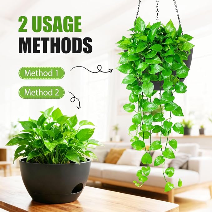 8 Inch Hanging Planters for Indoor Outdoor Plants, 4 Pack Black Plastic Self Watering Hanging Baskets with Drainage Holes and Chain for Garden Porch