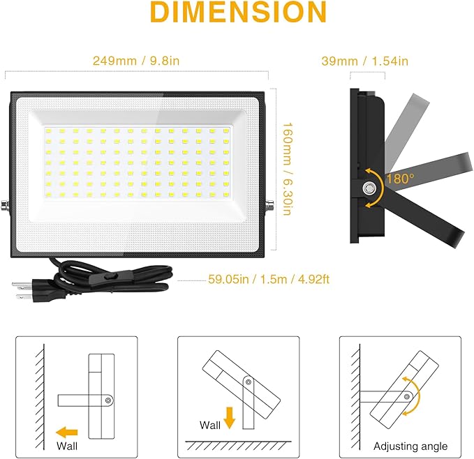 Onforu 120W Flood Lights Outdoor, 12000lm Bright LED Work Light with Plug, 6500K Daylight White LED Flood Lighting, IP66 Waterproof Security Yard Lights for Yard Garage Stadium 2 Pack