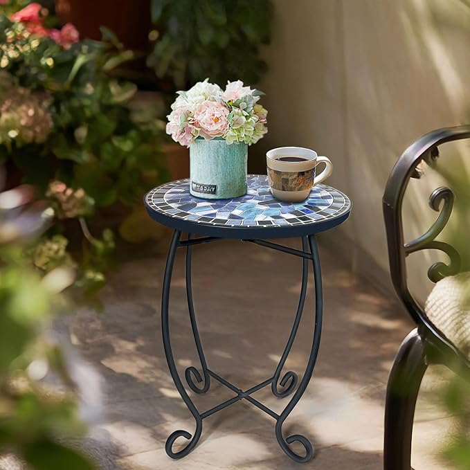 LIFFY Outdoor Side Table,12" Round Ceramic Tile Tabletop Accent Table with Metal Frame, Indoor Small Decorative Plant Stand & End Table for Home, Patio, Garden