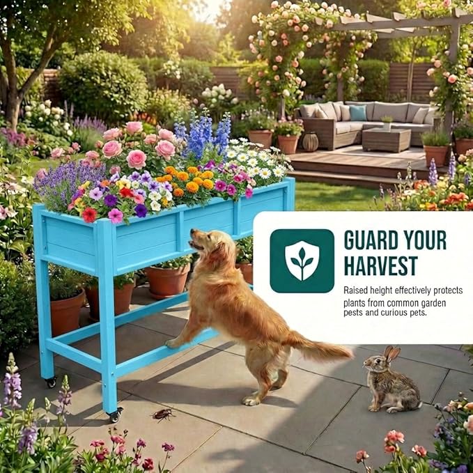 YITAHOME Raised Garden Bed HDPE, 47x18x31In Raised Flower Bed Poly-Wood Weather-Resistant Elevated Planter Box with Lockable Wheels for Vegetables, Aruba Blue