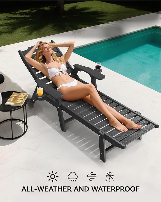 Carauci Lounge Chair Outdoor Set of 4, HDPE Chaise Lounge with Wheels, 5-Position Adjustable Backrest & 2 Cup Holders Patio Lounge Chair, All-Weather Pool Sun Lounger for Poolside, Backyard, Black