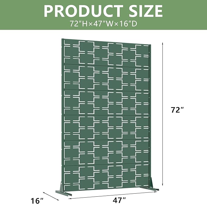 Casaphoria Metal Privacy Screen Outdoor, 72" H x 47" W Freestanding Decorative Privacy Screen for Patio Deck Balcony Garden with Stable Base, Drakgreen-Square