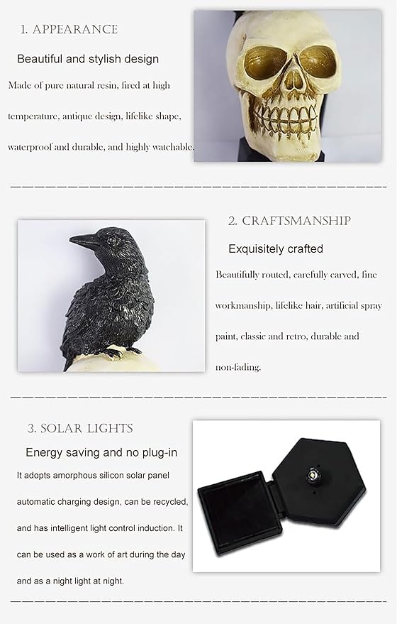 Outdoor Solar Lights, Crow Solar Lights Outdoor Waterproof Halloween Skull Light with Stakes Solar White Crow Light Garden Decor for Yard, Lawn
