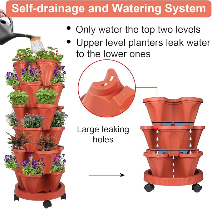 GameXcel Vertical Planter 6 Tier Stackable Planters Garden Planters Strawberry Herb Flower and Vegetable Planter Indoor Outdoor Gardening Pots with Removable Wheels and Tools 2-Pack