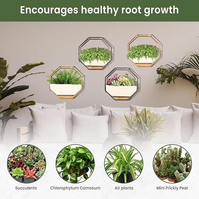 IRYL Wall Planter for Indoor Plants - Ceramic Wall Hanging Planter Set with Bamboo Tray & Hooks - Decorative Wall Plant Holder - Modern Wall Planters for Vertical Garden Home Decor - Golden
