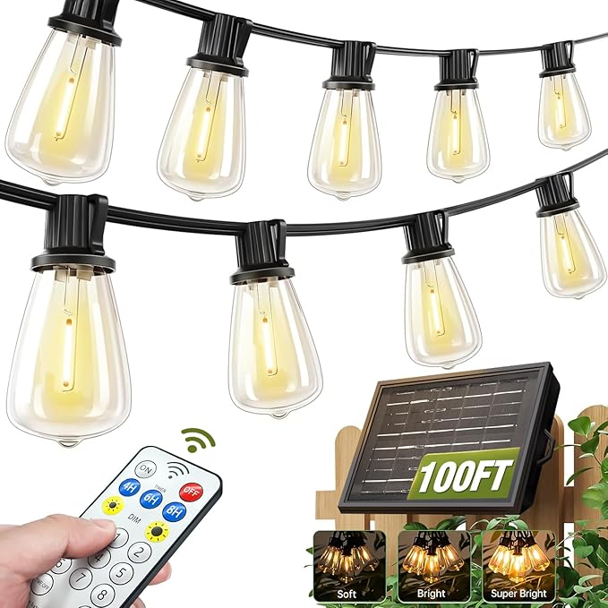 100FT Solar String Lights Outdoor Waterproof with Remote & Timer, LED Shatterproof ST38 Bulbs, USB & Solar Powered Patio Lights for Backyard, Porch, Garden, Wedding, Christmas Decor