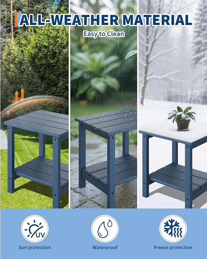 GarveeLife Adirondack Outdoor Side Table 18 x 15 in, HDPE 2-Tier Patio Side Tables for Outside, All-Weather End Table for Patio Pool Deck Indoor Backyard, Navy Blue-2Pcs