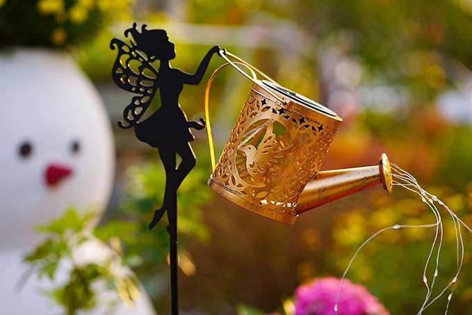 Solar Watering Can Lights, Outdoor Garden Decor,LED Waterproof String Light,Metal Vintage Fairy Tale Lamps Outside,Solar Lantern with Shepherd Hook for Lawn Yard Path (Hummingbird)