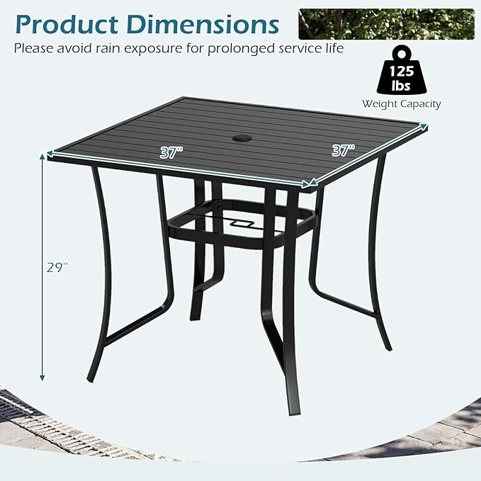 Tangkula 37" Metal Patio Dining Table for 4, Square Heavy Duty Outdoor Dining Table with Umbrella Hole, 4-Person Outside Dining Furniture for Porch, Garden, Balcony and Backyard
