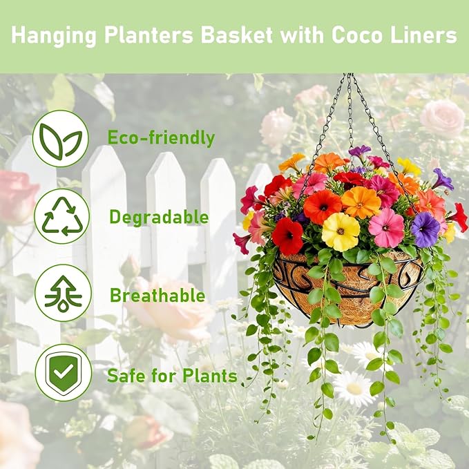 Hanging Planters for Outdoor Plants,2 Pack 12 inch Wire Hanging Baskets with Coco Coir Liner,Hanging Flower Basket for Indoor,Outdoor Garden Decoration