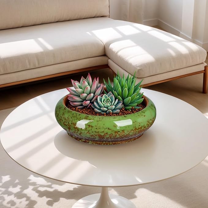 7.3 Inch Succulent Planters Pots Shallow Ceramic Glazed Planter Pots, Lotus Bowl Planter Round Shallow Planter Water Lily Pot for Indoor/Outdoor Plants Decorative (Green