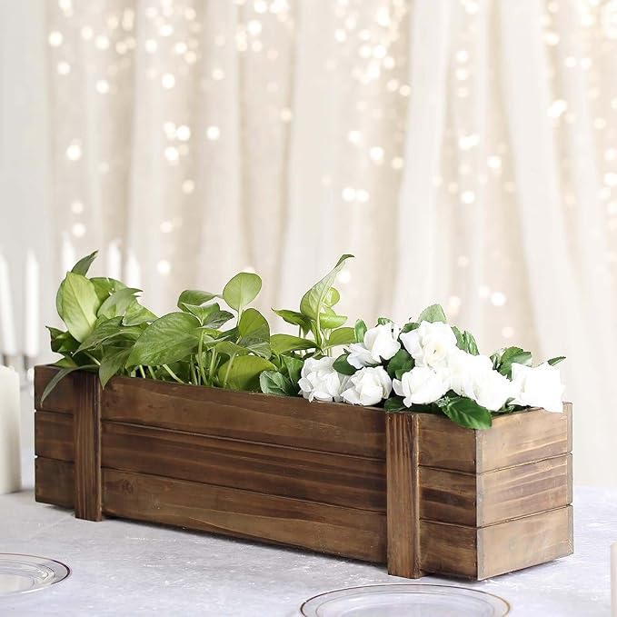 Efavormart 24"x6" Smoked Brown Rectangle Wood Planter Box with Plastic Liner, DIY Rustic Wooden Window Box for Wedding Table Centerpieces and Farmhouse Party Decor