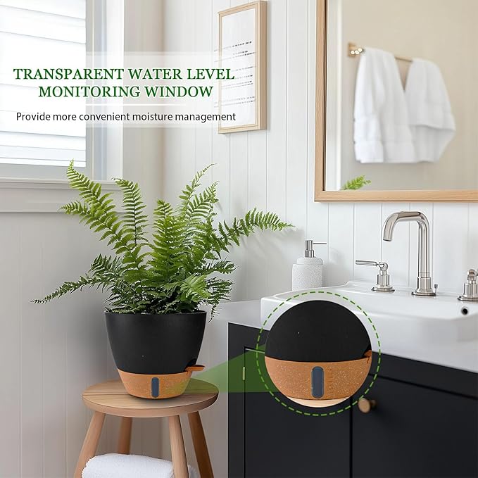 2 Pack 10 inch Plant Pots, Plastic Self Watering Planters with Drainage Holes, Deep Reservoir, Water Level Indicator, Modern Decorative Flower Pots for Indoor Outdoor Plants (Black, 10 inch)