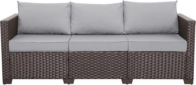 Rattaner Patio Furniture 3 Seat Sofa Outdoor Furniture Outdoor Couch Deep Seat High Backrest with Waterproof Cover Anti-Slip Cushions with Waterproof Cover, Light Grey