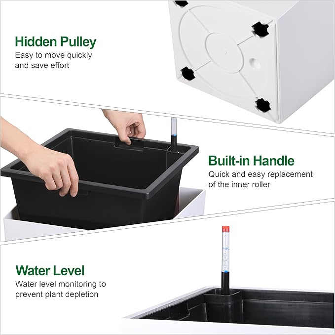 Garvee 30" Tall Planters Set of 2, Outdoor＆Indoor Black Planter Pots, High Front Porch Planter Pots with Drainage Holes＆Water Level Monitor＆Inner Bucket,White