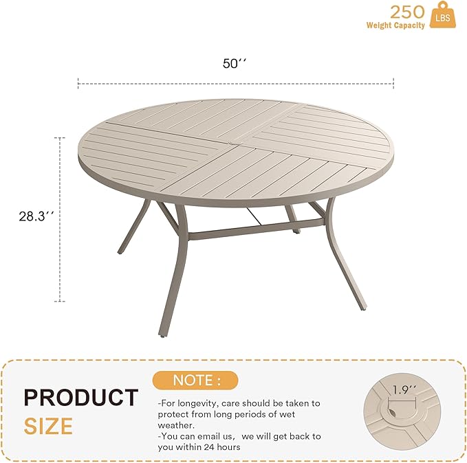 VICLLAX Round Patio Table with Adjustable Umbrella Hole for 6, All Weather Metal Outdoor Dining Table for Lawn Garden, 50" Outdoor Coffee Table, Cream Color Frame
