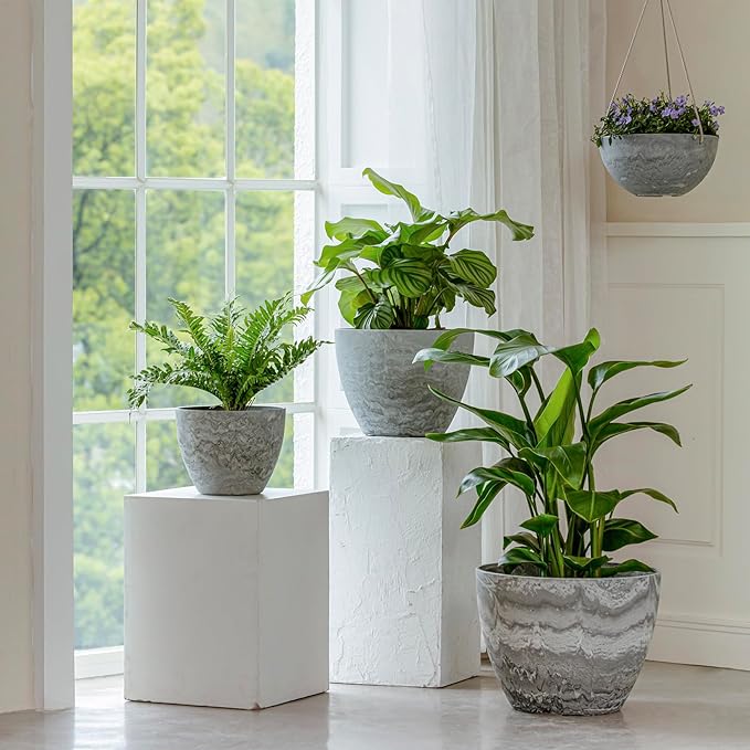 LA JOLIE MUSE Flower Pots Outdoor Garden Planters, Indoor Plant Pots with Drainage Holes, Plastic, Marble Pattern Grey, Set 2 (11.3 + 11.3 Inch)