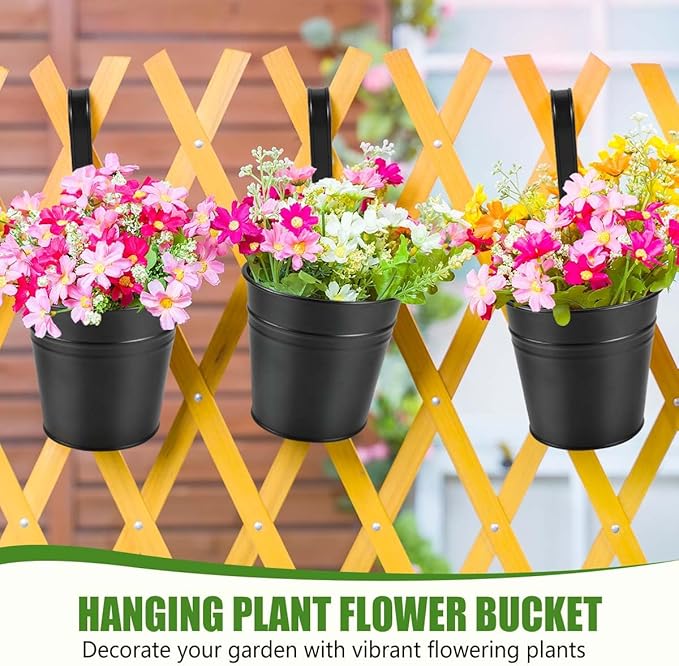 OBTANIM 12 Pack Metal Hanging Flower Pots Railing Planter Outdoor Fence Hanging Bucket Plant Holder with Detachable Hooks Drain Holes for Home Garden Yard Decor (Black, 4 x 4 Inch)