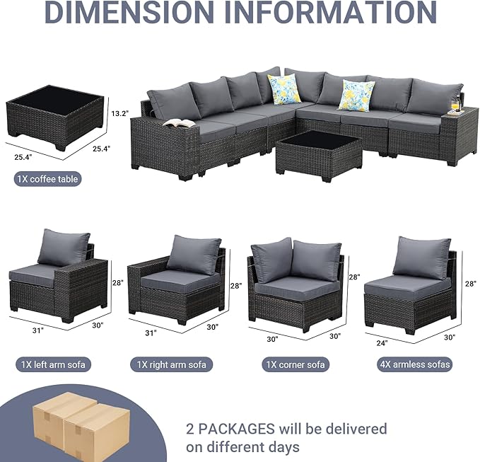 Jing's Villa 8-Piece Patio Furniture Set, All-Weather Outdoor Wicker Sectional Sofa with Cushions, Glass Table & Left and Right Armrest, Rattan Conversation Seating for Porch, Garden, Backyard,Grey