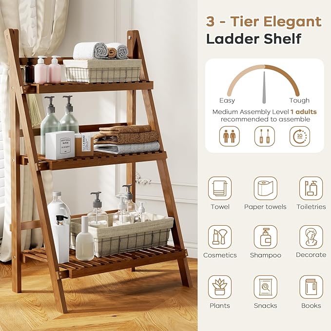 39.4" Bamboo Ladder Shelf Plant Shelf, 3 Tier Foldable Ladder Flower Pot Display Shelf Rack, 23.6"W x 15"D x 39.4"H, Freestanding Bookshelf for Garden, Balcony, Yard, Patio, Lawn, Living Room, Walnut