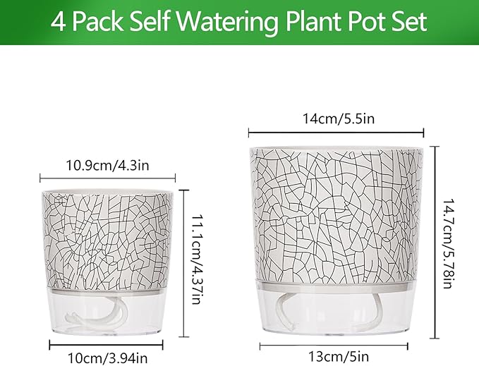 4 Pack Self Watering Pots for Indoor Plants, 4" + 5.5" Flower Pots with Wick Rope and Reservoir, Plant Pots for African Violet, Spider Plant, Orchid