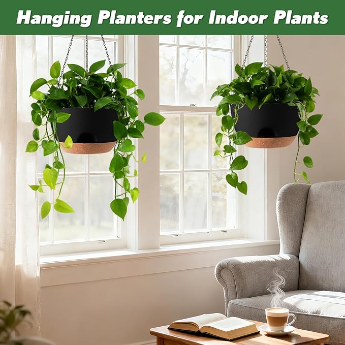 4-Piece Set of 8-Inch Hanging Planters with Automatic Watering System and Drip Tray, Includes Metal Chain, Suitable for Various Indoor and Outdoor Plants and Flowers, Black-Brown