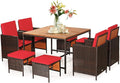 Tangkula 9 Pieces Acacia Wood Patio Dining Set, Space Saving Wicker Chairs and Wood Table with Umbrella Hole Outdoor Furniture Set, Suitable for Garden, Yard, Poolside, Outdoor Seating Set