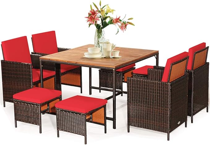 Tangkula 9 Pieces Acacia Wood Patio Dining Set, Space Saving Wicker Chairs and Wood Table with Umbrella Hole Outdoor Furniture Set, Suitable for Garden, Yard, Poolside, Outdoor Seating Set