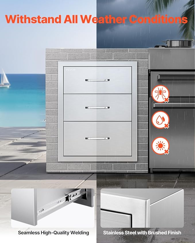 VEVOR Outdoor Kitchen Drawers 18.11" W x 23.23" D x 23.23" H, Triple-Access Stainless Steel Modular Drawer Cabinet with Handles, BBQ Island Drawer for Outdoor Kitchen or BBQ Island Patio Grill Station