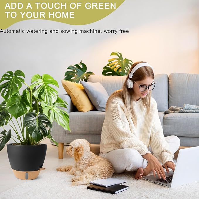 Plant Pots,12/10/9/8/ Inch Large Plastic Self Watering Flower Pots Indoor Outdoor with Drainage Holes, Deep Reservoir,Nursery Planting Pot for Indoor Out Door Plants Black