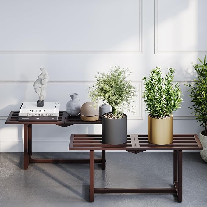 Modern Outdoor Plant Stand for Indoor Corner, Foldable Metal Plant Display Shelf for Multiple Pots,Mid Century Slatted Bench for Garden, Patio Load Bearing 330 lbs 26" L x 10.4" H x 8.6" W 2 Pack Coffee