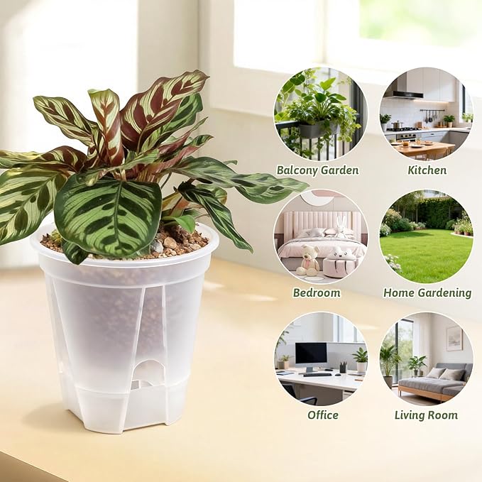 Clear Self Watering Pots for Indoor Plants with 9 Plant Labels, Deep Reservoir, High Drainage Holes, Bare Root Planter for Indoor/Outdoor Plants (5PCS)