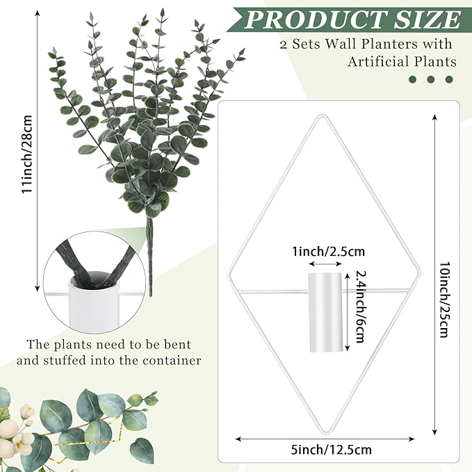 Jexine 4 Pcs Hanging Planters with Artificial Eucalyptus Metal Hanging Vase Indoor Plants Holder Modern Geometric Boho Bathroom Wall Decor for Living Room Home Office (Eucalyptus,White)