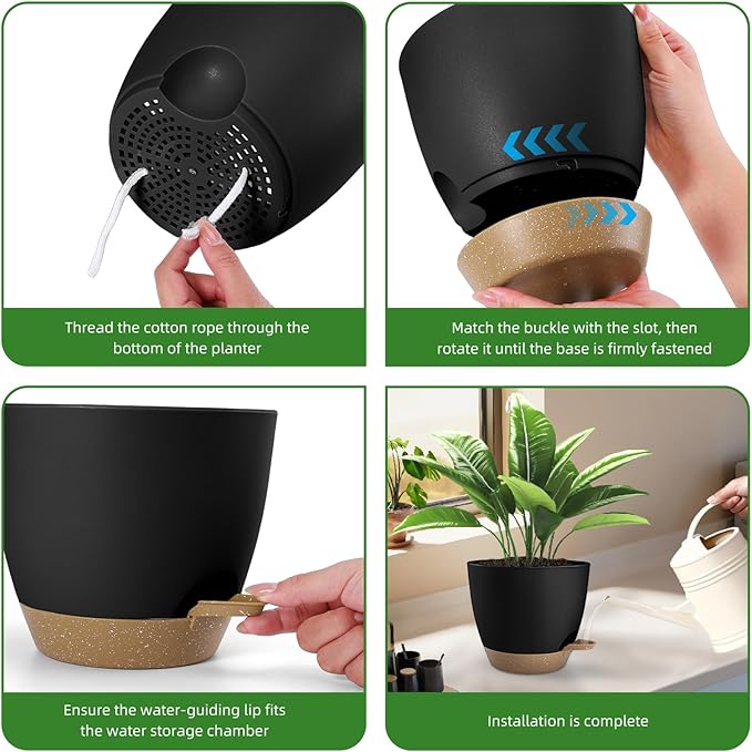 Plant Pots 8/7.5/7/6.5/6 Inch Self Watering Pots,5 Pack Planters with Drainage Holes and Saucers,Plastic Flower Pots,Nursery Planters for Indoor Outdoor Plants (Black)