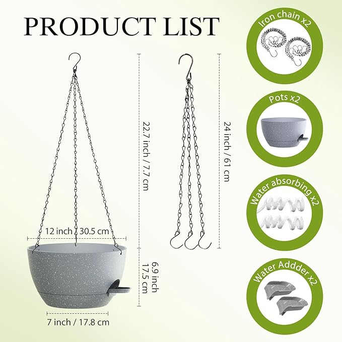 12 Inch Hanging Baskets 2 PC with Chains, Self-Watering Hanging Planters for Indoor Outdoor Plants, Plastic Hanging Flower Pots,Speckled Grey