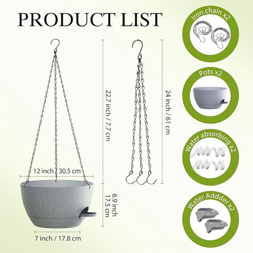 12 Inch Hanging Baskets 2 PC with Chains, Self-Watering Hanging Planters for Indoor Outdoor Plants, Plastic Hanging Flower Pots,Speckled Grey