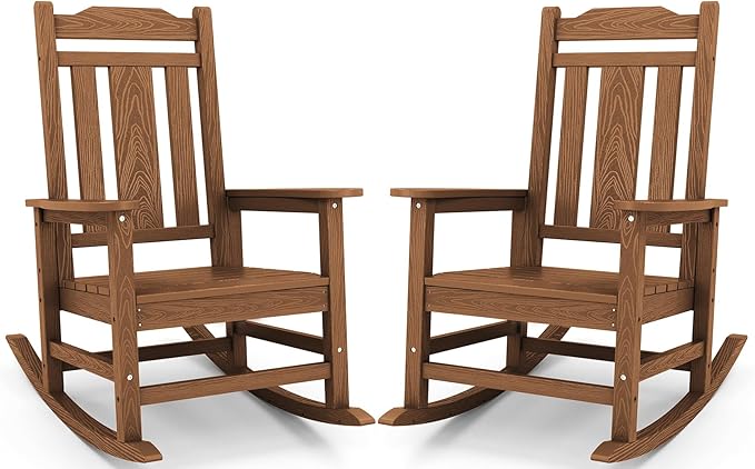 SERWALL Oversized Rocking Chair Set of 2 Outdoor, HDPE Outdoor Rocking Chair Set of 2, Brown