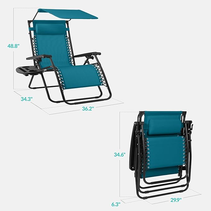 Best Choice Products 30” Wide Folding Zero Gravity Outdoor Recliner Patio Lounge Chair w/Adjustable Canopy Shade, Headrest, Side Accessory Tray - Peacock Blue