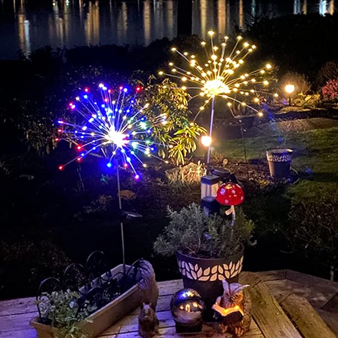 FOOING 4 Pcs Solar Garden Lights Solar Firework Lights Waterproof, 120 LED String Light 2 Modes Twinkling Fairy Nightlight for Garden, Wedding, Party, Patio, Yard, Landscape Decoration (Colorful)