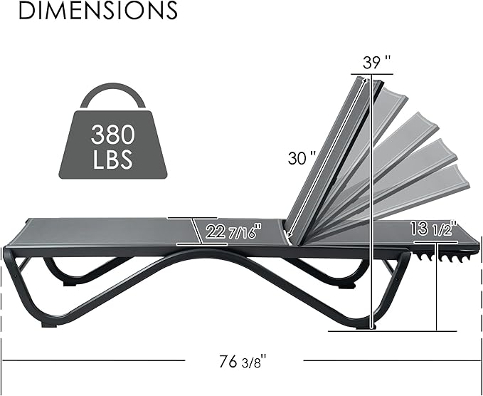 Kozyard Outdoor Chaise Lounge Chair, Full Flat Adjustable Patio Lounger with Aluminum Frame & Resin Legs, Textilene Fabric for Poolside, Backyard & Beach (Gray, 2Chairs)