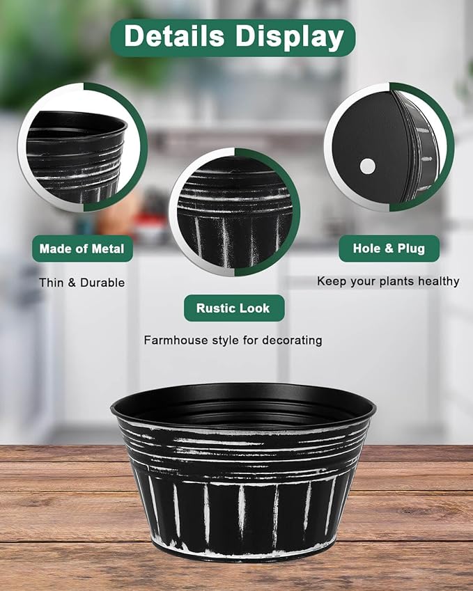 vensovo 10 Inches Black Metal Rustic Plant Pots - 4 Pcs Large Shallow Galvanized Planters with Drain Hole and Rubber Plug, Rustproof Tin Bucket Succulent Pot Indoor Farmhouse Vintage Style for Decor
