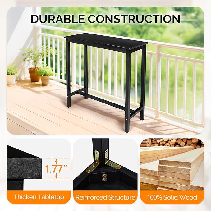 VINGLI Wooden Outdoor Bar Table, Wood Patio Counter Height Table, Weather-Resistant Patio Pub Table for Garden, Balcony, Poolside, Backyard, Indoor Use (Black, 39")