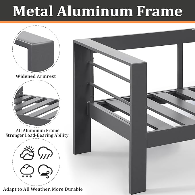 Kiss the Water Outdoor Patio Furniture Loveseat Sofa, All-Weather Metal Aluminum Patio Couch with 5" Thick and Soft Cushion and Wide Arm, Outdoor Couch for Balcony, Porch, Backyard