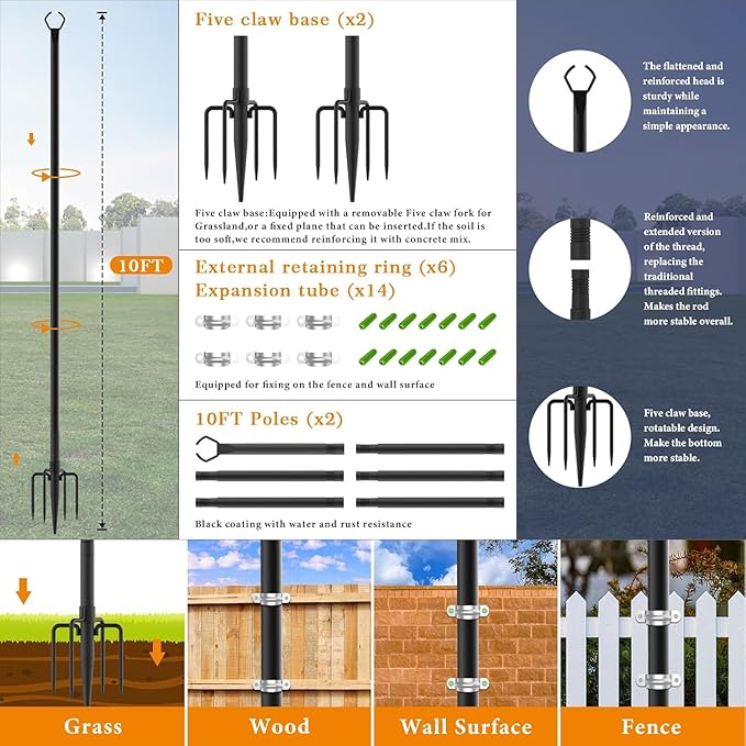 6 Pack String Light Poles,10 Ft Light Poles for Outside String Lights,Outdoor Lights Pole with Fork,Metal Poles Stand for Patio Deck Backyard
