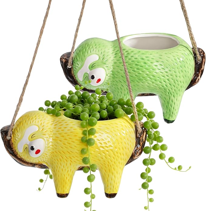 Hacaroa 2 Pack Sloth Hanging Planters for Indoor Plants, Ceramic Small Succulent Pots Cute Cactus Pot, Plant Hanger Holder Gifts for Plant Lovers, Home Decor, 2 Colors