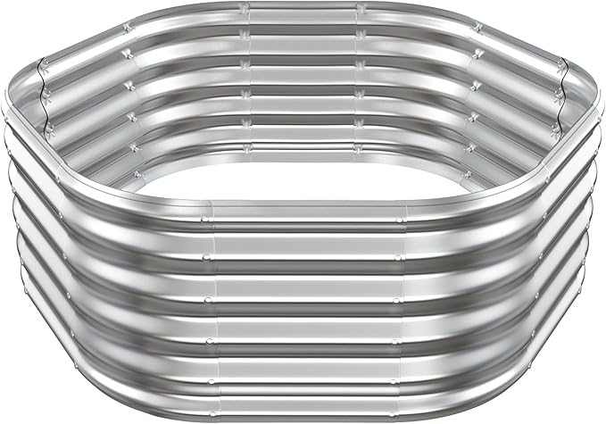 Hexagon Raised Garden Bed, 48 Inch Diagonal & 16.5 Inch Tall, Galvanized Steel Planter Box with Wave-Shaped Metal Panels for Outdoor Flower,Tree,Herb & Vegetable Garden (Silver, 4FT X 1.5FT)