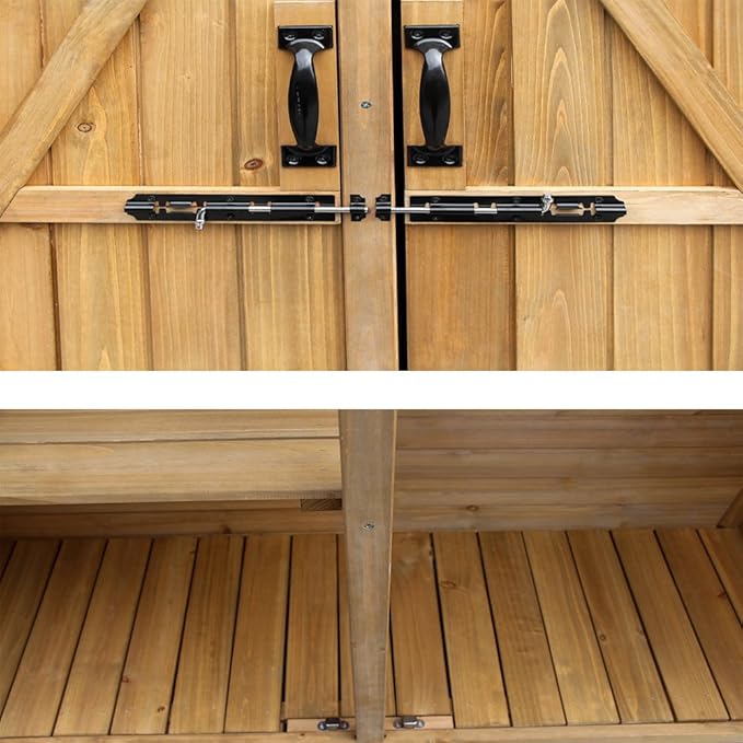 Outvita Outdoor Storage Cabinet with Waterproof Roof, Double Lockable Doors Garden Shed with 2 Removable Shelves, Wooden Storage Shed with Large Storage Space for Yard Garge Patio Deck Porch（Natural）