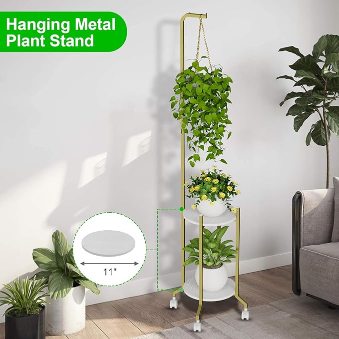 Plant Stand Indoor, 2 Tier Hanging Tall Plant Shelf with Wheels, 3 Potted Corner Flower Stand Metal Plant Holder, Plant Shelves for Living Room, Bedroom, Patio, Outdoor, Gold